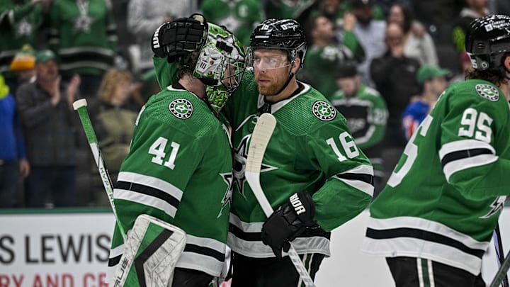 Nov 20, 2023; Dallas, Texas, USA; Dallas Stars goaltender Scott Wedgewood (41) and center Joe