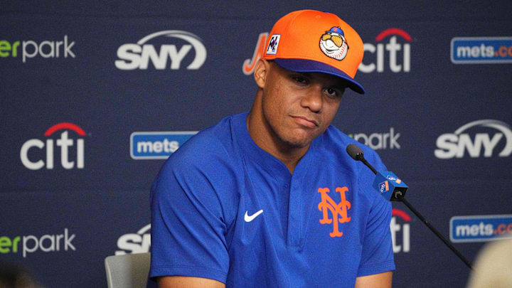 Feb 16, 2025; Port St. Lucie, FL, USA; New York Mets outfielder Juan Soto (22) addresses the media at spring training. Mandatory Credit: Jim Rassol-Imagn Images