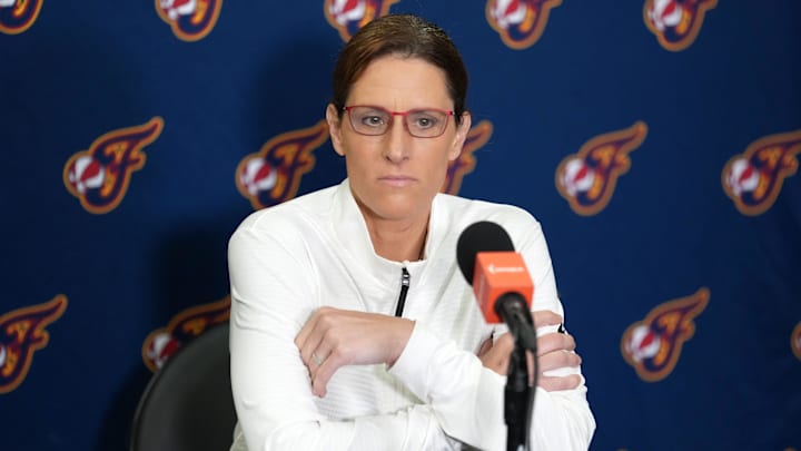 Aug 5, 2025; Los Angeles, California, USA; Indiana Fever coach Stephanie White at press conference at the Crypto.com Arena. Mandatory Credit: Kirby Lee-Imagn Images
