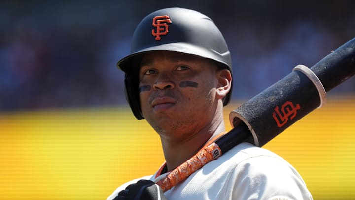 Jul 12, 2025; San Francisco, California, USA; San Francisco Giants designated hitter Rafael Devers (16) during the eighth inning against the Los Angeles Dodgers at Oracle Park. Mandatory Credit: Darren Yamashita-Imagn Images
