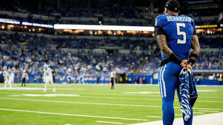 Indianapolis Colts quarterback Anthony Richardson (5) watches the final plays of the game from the sideline Sunday, Nov. 24, 2024, during a game against the Detroit Lions at Lucas Oil Stadium in Indianapolis. Indianapolis Colts quarterback Anthony Richardson (5) watches the final plays of the game from the sideline Sunday, Nov. 24, 2024, during a game against the Detroit Lions at Lucas Oil Stadium in Indianapolis.