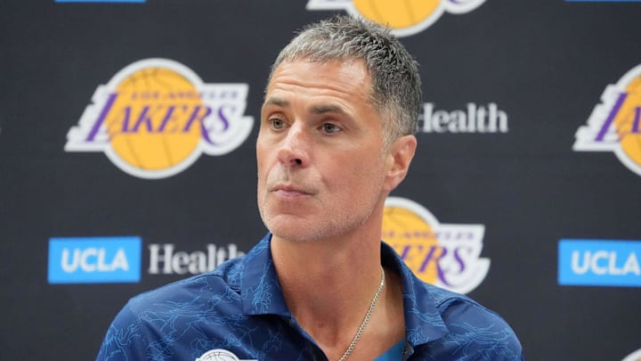 Jul 2, 2024; El Segundo, CA, USA; Los Angeles Lakers vice president of basketball operations and general manager Rob Pelinka at a press conference at the UCLA Health Training Center. Mandatory Credit: Kirby Lee-Imagn Images