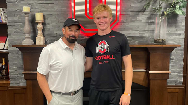 Brady Edmunds visiting with Ohio State Buckeyes head coach Ryan Day