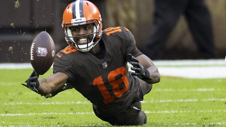 Cleveland Browns wide receiver David Bell (18) reaches for the ball as he falls under coverage by Tampa Bay Buccaneers cornerback Carlton Davis III (24) during the fourth quarter at FirstEnergy Stadium.