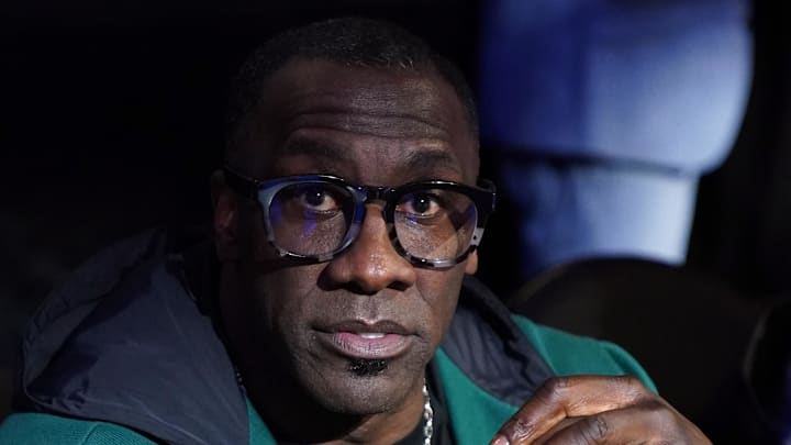 Dec 9, 2023; Las Vegas, Nevada, USA; Former NFL player Shannon Sharpe looks on in the second half of the in season tournament championship final between the Indiana Pacers and the Los Angeles Lakers at T-Mobile Arena. Mandatory Credit: Kyle Terada-Imagn Images