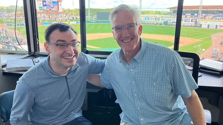 Detroit Tigers broadcasters Jason Benetti (left) and Dan Dickerson (right) before a spring training game between the Tigers and Boston Red Sox on Thursday, February 27, 2025, in Lakeland, Florida.