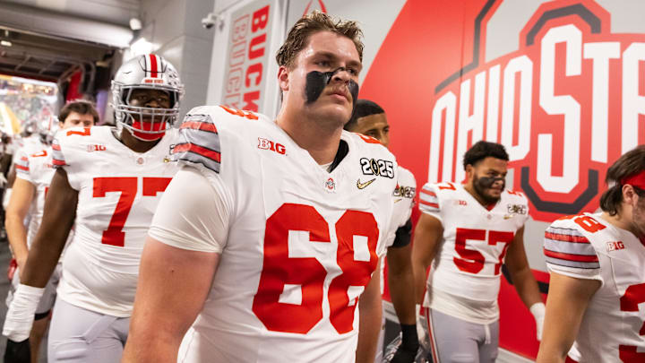 Jan 20, 2025; Atlanta, GA, USA; Ohio State Buckeyes offensive lineman George Fitzpatrick (68) against the Notre Dame Fighting Irish during the CFP National Championship college football game at Mercedes-Benz Stadium. Mandatory Credit: Mark J. Rebilas-Imagn Images Jan 20, 2025; Atlanta, GA, USA; Ohio State Buckeyes offensive lineman George Fitzpatrick (68) against the Notre Dame Fighting Irish during the CFP National Championship college football game at Mercedes-Benz Stadium. Mandatory Credit: Mark J. Rebilas-Imagn Images