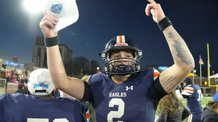 Nashville Christian's Jared Curtis (2) celebrates after the win over Columbia Academy in the TSSAA Bluecross Bowl on Thursday, Dec. 5, 2024, in Chattanooga, Tenn.