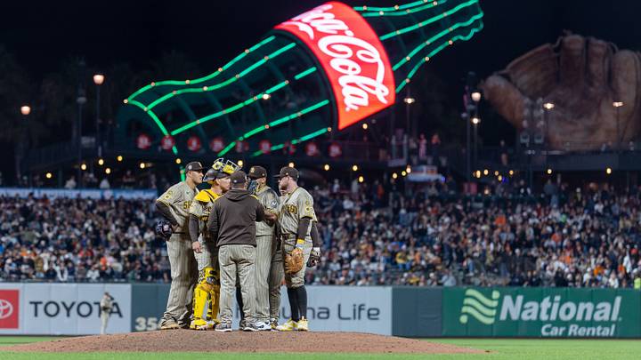 Sep 11, 2026; San Francisco, California, USA; San Diego Padres pitcher Bradgley Rodriguez (72) has a conference during the eighth inning against the San Francisco Giants at Oracle Park. Mandatory Credit: Bob Kupbens-Imagn Images Sep 11, 2026; San Francisco, California, USA; San Diego Padres pitcher Bradgley Rodriguez (72) has a conference during the eighth inning against the San Francisco Giants at Oracle Park. Mandatory Credit: Bob Kupbens-Imagn Images