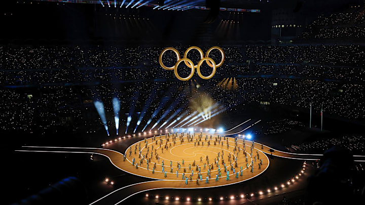A view of the Olympic rings above the stage during the opening ceremony for the Milan Cortina 2026 Olympic Winter Games.