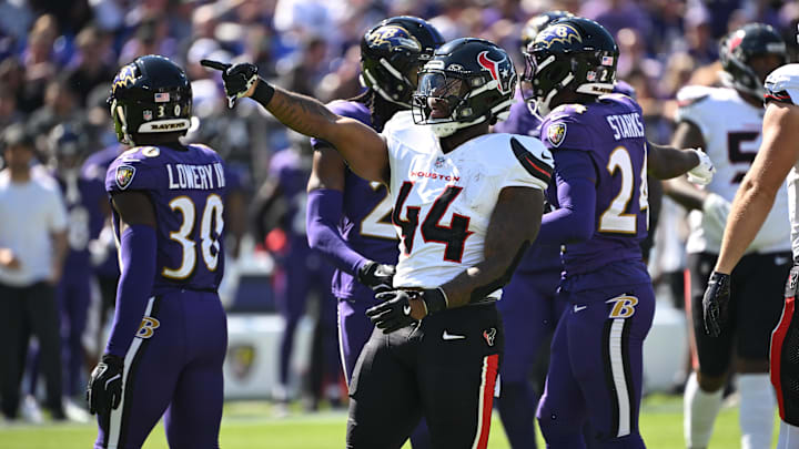 Oct 5, 2025; Baltimore, Maryland, USA; Houston Texans running back British Brooks (44) reacts after running for a gain during the first quarter against the Baltimore Ravens at M&T Bank Stadium. Mandatory Credit: Rafael Suanes-Imagn Images