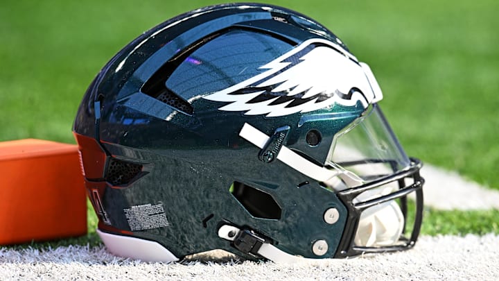 Oct 19, 2025; Minneapolis, Minnesota, USA; A general view of the Philadelphia Eagles helmet before the game against the Minnesota Vikings at U.S. Bank Stadium. Mandatory Credit: Jeffrey Becker-Imagn Images