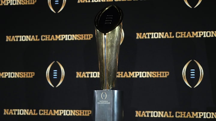 Jan 19, 2025; Atlanta, GA, USA; The College Football Playoff National Championship trophy at a press conference at The Westin Peachtree Plaza, Savannah Ballroom. Mandatory Credit: Kirby Lee-Imagn Images