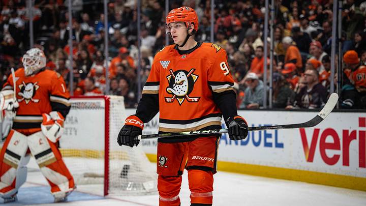 May 10, 2026; Anaheim, California, USA; Anaheim Ducks defenseman Pavel Mintyukov (98) during the third period against the Vegas Golden Knights in game four of the second round of the 2026 Stanley Cup Playoffs at Honda Center. Mandatory Credit: Corinne Votaw-Imagn Images