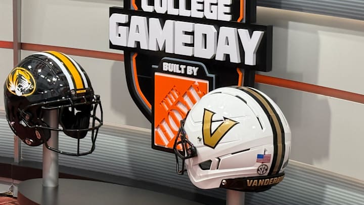 Vanderbilt and Missouri helmets are displayed on the set of ESPN's College Game Day, which will broadcast from Nashville on Oct. 25. Vanderbilt and Missouri helmets are displayed on the set of ESPN's College Game Day, which will broadcast from Nashville on Oct. 25.