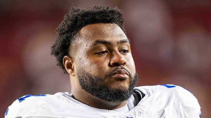 October 8, 2023; Santa Clara, California, USA; Dallas Cowboys guard Chuma Edoga (71) after the game against the San Francisco 49ers at Levi's Stadium. Mandatory Credit: Kyle Terada-Imagn Images