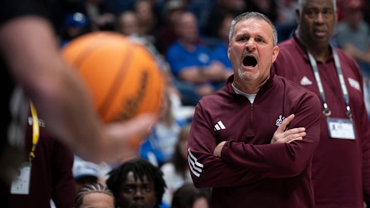 Mississippi State Head Coach Chris Jans has a discussion with the referee during their second round game of the SEC Men's Basketball Tournament against Missouri at Bridgestone Arena in Nashville, Tenn., Thursday, March 13, 2025. Mississippi State Head Coach Chris Jans has a discussion with the referee during their second round game of the SEC Men's Basketball Tournament against Missouri at Bridgestone Arena in Nashville, Tenn., Thursday, March 13, 2025.