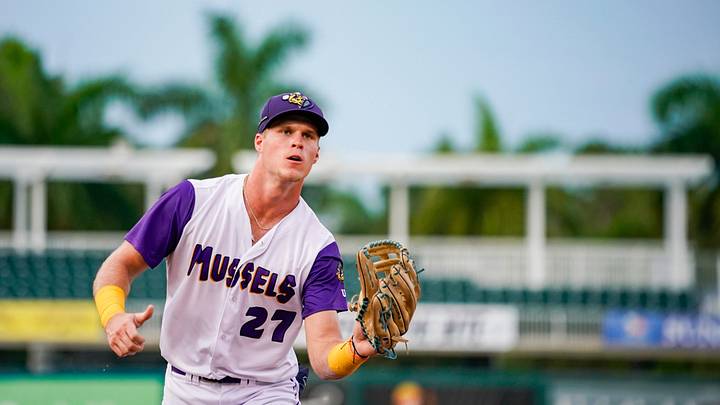 Fort Myers Mighty Mussels outfielder Walker Jenkins (27) catches a ball from the dugout during the second inning of a game against the Tampa Tarpons at Hammond Stadium in Fort Myers on Friday, June 28, 2024. Fort Myers Mighty Mussels outfielder Walker Jenkins (27) catches a ball from the dugout during the second inning of a game against the Tampa Tarpons at Hammond Stadium in Fort Myers on Friday, June 28, 2024.