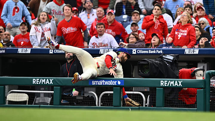Mar 30, 2024; Philadelphia, Pennsylvania, USA; Philadelphia Phillies first baseman Bryce Harper (3)