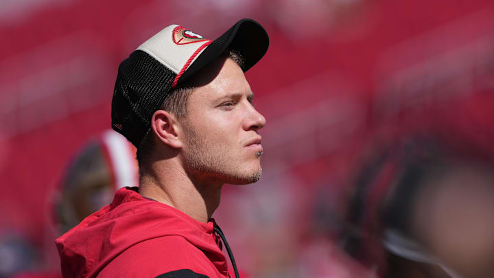 Oct 6, 2024; Santa Clara, California, USA; San Francisco 49ers running back Christian McCaffrey (23) before the game against the Arizona Cardinals at Levi's Stadium. Mandatory Credit: Darren Yamashita-Imagn Images