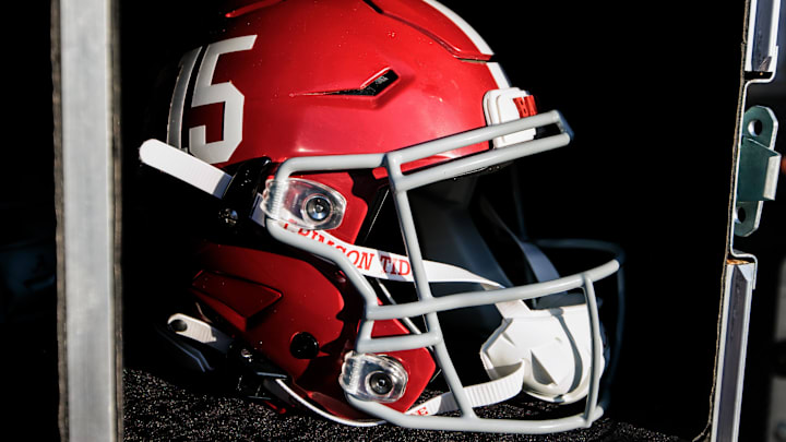 Nov 23, 2024; Norman, Oklahoma, USA; Alabama Crimson Tide helmet prior to a game against the Oklahoma Sooners at Gaylord Family-Oklahoma Memorial Stadium. Mandatory Credit: William Purnell-Imagn Images