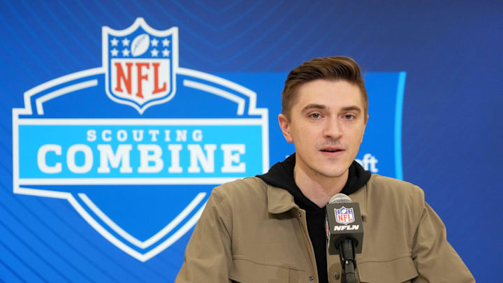 Feb 25, 2025; Indianapolis, IN, USA; Jacksonville Jaguars general manger James Gladstone speaks during the NFL Scouting Combine at the Indiana Convention Center. Mandatory Credit: Kirby Lee-Imagn Images Feb 25, 2025; Indianapolis, IN, USA; Jacksonville Jaguars general manger James Gladstone speaks during the NFL Scouting Combine at the Indiana Convention Center. Mandatory Credit: Kirby Lee-Imagn Images