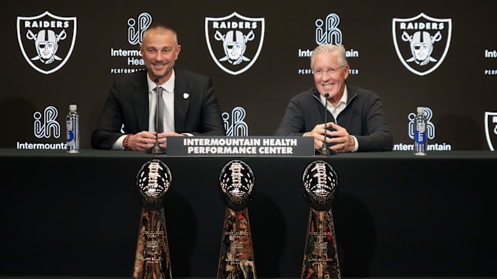 Jan 27, 2025; Las Vegas, NV, USA; Las Vegas Raiders general manager John Spytek (left) and coach Pete Carroll at press conference at Intermountain Health Performance Center. Mandatory Credit: Kirby Lee-Imagn Images