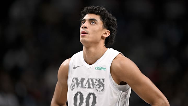 Feb 21, 2025; Dallas, Texas, USA; Dallas Mavericks guard Max Christie (00) looks on during the second half of the game against the New Orleans Pelicans at the American Airlines Center. Mandatory Credit: Jerome Miron-Imagn Images