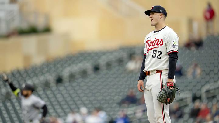 Sep 3, 2025; Minneapolis, Minnesota, USA; Minnesota Twins starting pitcher Zebby Matthews (52) looks on as a home run from Chicago White Sox catcher Edgar Quero (not pictured) leaves the field in the second inning at Target Field. Mandatory Credit: Jesse Johnson-Imagn Images Sep 3, 2025; Minneapolis, Minnesota, USA; Minnesota Twins starting pitcher Zebby Matthews (52) looks on as a home run from Chicago White Sox catcher Edgar Quero (not pictured) leaves the field in the second inning at Target Field. Mandatory Credit: Jesse Johnson-Imagn Images