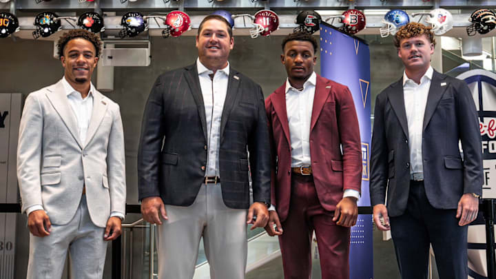 Mississippi State's representatives at 2025 SEC Media Days, from left: WR Brenen Thompson, coach Jeff Lebby, S Isaac Smith and QB Blake Shapen.