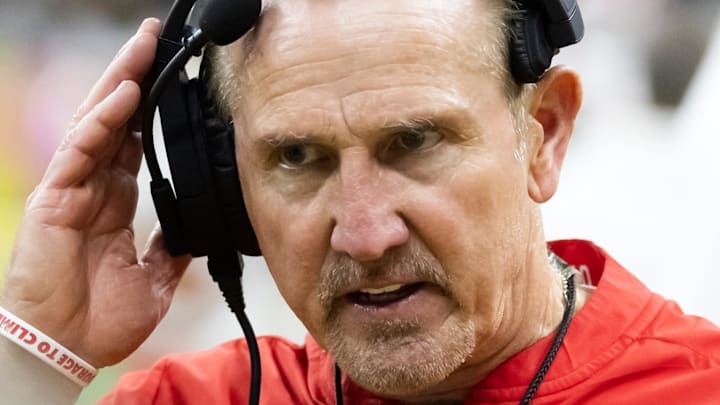 Feb 9, 2025; New Orleans, LA, USA;  Kansas City Chiefs defensive coordinator Steve Spagnuolo against the Philadelphia Eagles in Super Bowl LIX at Ceasars Superdome. Mandatory Credit: Mark J. Rebilas-Imagn Images