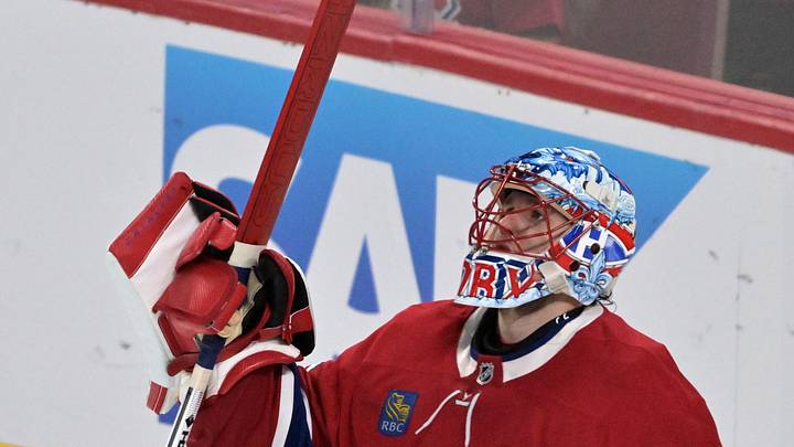 May 27, 2026; Montreal, Quebec, CAN; Montreal Canadiens goaltender Jakub Dobes (75) reacts against the Carolina Hurricanes during the third period in game four of the Eastern Conference Final of the 2026 Stanley Cup Playoffs at Bell Centre. Mandatory Credit: Eric Bolte-Imagn Images May 27, 2026; Montreal, Quebec, CAN; Montreal Canadiens goaltender Jakub Dobes (75) reacts against the Carolina Hurricanes during the third period in game four of the Eastern Conference Final of the 2026 Stanley Cup Playoffs at Bell Centre. Mandatory Credit: Eric Bolte-Imagn Images