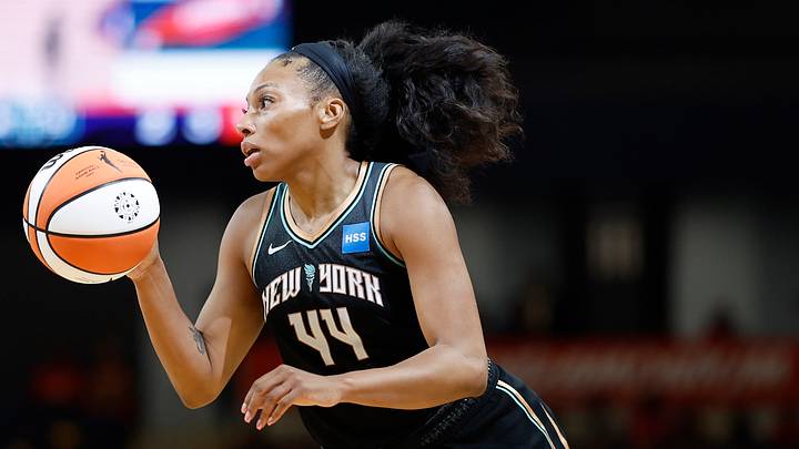 May 19, 2023; Washington, District of Columbia, USA; New York Liberty forward Betnijah Laney (44) dribbles the ball against the Washington Mystics at Entertainment & Sports Arena. Mandatory Credit: Geoff Burke-Imagn Images