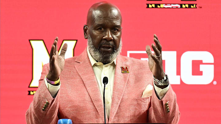 Jul 25, 2024; Indianapolis, IN, USA; Maryland Terrapins head coach Mike Locksley speaks to the media during the Big 10 football media day at Lucas Oil Stadium. Mandatory Credit: Robert Goddin-Imagn Images
