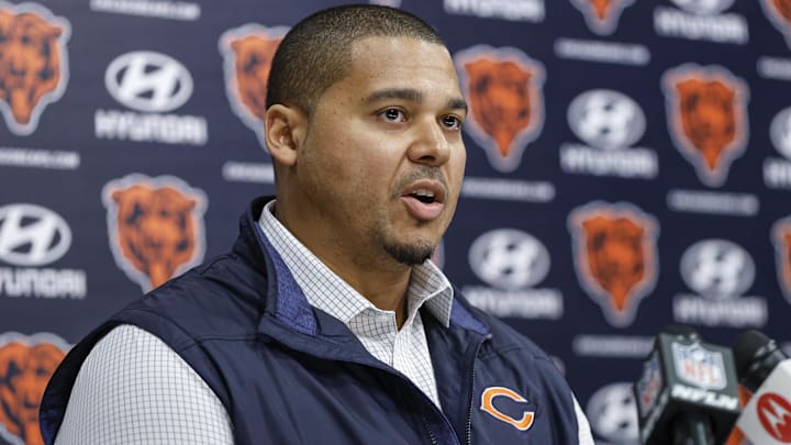 Chicago Bears general manager Ryan Poles speaks during a press conference at Halas Hall.
