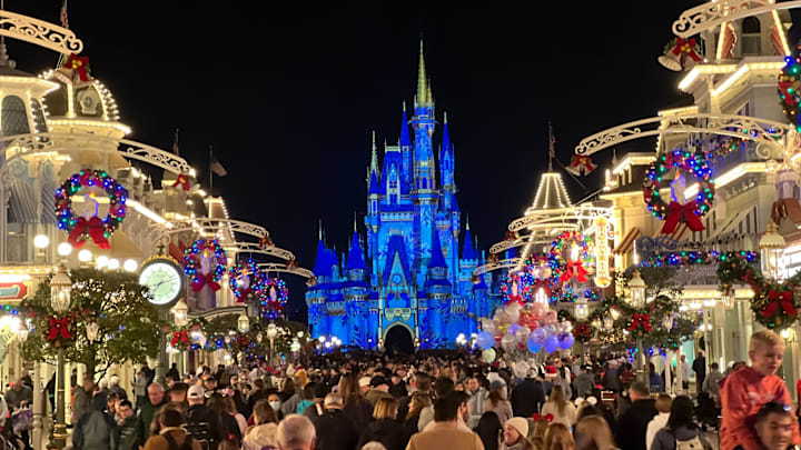 Walt Disney World Main Street Castle at Christmas. Photo courtesy of Roy Hatfield.