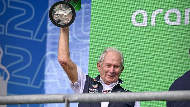 Oct 23, 2022; Austin, Texas, USA; Helmut Marko of Red Bull Racing Team holds up the World