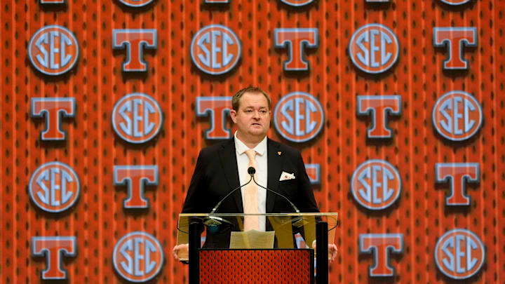 July 15, 2025; Atlanta, GA, USA; Tennessee head coach Josh Heupel speaks in the Main Media Room during SEC Media Days at the College Football Hall of Fame in Atlanta.