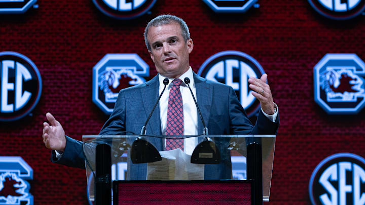 South Carolina Head Coach Shane Beamer speaks at the 2023 SEC Football Kickoff Media Days at the Nashville Grand Hyatt on Broadway, Thursday, July 20, 2023.