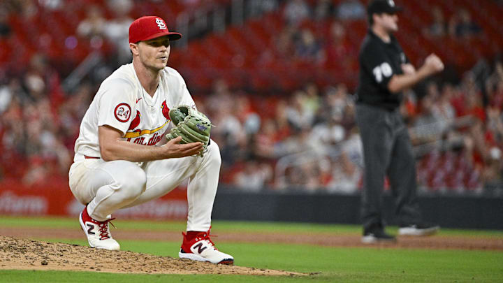 Sep 18, 2024; St. Louis, Missouri, USA; St. Louis Cardinals starting pitcher Sonny Gray (54) reacts after third baseman Nolan Arenado (not pictured) completed an inning ending double play against the Pittsburgh Pirates during the third inning at Busch Stadium. Sep 18, 2024; St. Louis, Missouri, USA; St. Louis Cardinals starting pitcher Sonny Gray (54) reacts after third baseman Nolan Arenado (not pictured) completed an inning ending double play against the Pittsburgh Pirates during the third inning at Busch Stadium.