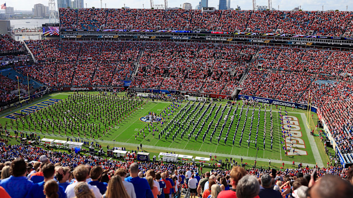Florida Gators and Georgia Bulldogs marching bands perform before an NCAA college football matchup between the Georgia Bulldogs and the Florida Gators Saturday, Nov. 2, 2024 at EverBank Stadium in Jacksonville, Fla. The Georgia Bulldogs defeated the Florida Gators 34-20. [Corey Perrine/Florida Times-Union]