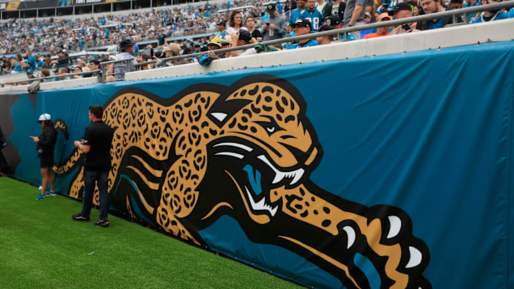 A Jacksonville Jaguars throwback logo is displayed during the first quarter of an NFL football matchup Sunday, Oct. 6, 2024 at EverBank Stadium in Jacksonville, Fla. The Jaguars edged the Colts on a field goal 37-34. [Corey Perrine/Florida Times-Union]