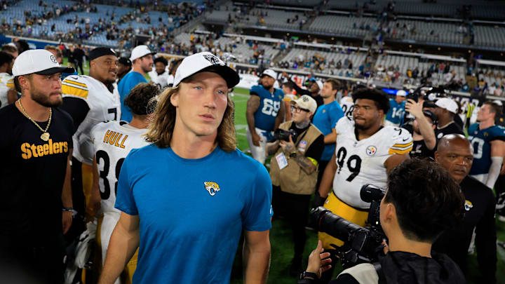 Jacksonville Jaguars quarterback Trevor Lawrence (16) walks on the field to greet players after the game of an NFL preseason matchup at EverBank Stadium, Saturday, Aug. 9, 2025 in Jacksonville, Fla. The Steelers defeated the Jaguars 31-25. [Corey Perrine/Florida Times-Union]