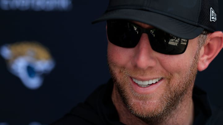 Jacksonville Jaguars head coach Liam Coen talks to members of the media after an NFL training camp session at the Miller Electric Center, Friday Aug. 15, 2025 in Jacksonville, Fla. [Corey Perrine/Florida Times-Union]