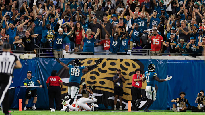 Jacksonville Jaguars linebacker Devin Lloyd (0) celebrates his pick six touchdown socre during the third quarter of an NFL football matchup at EverBank Stadium, Monday, Oct. 6, 2025, in Jacksonville, Fla. The Jacksonville Jaguars edged the Kansas City Chiefs 31-28. [Corey Perrine/Florida Times-Union]