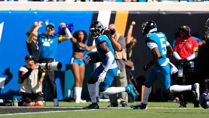 Jacksonville Jaguars wide receiver Brian Thomas Jr. (7) runs the ball for a touchdown but was called back on an offensive penalty during the third quarter of an NFL football matchup, Sunday, Oct. 12, 2025, at EverBank Stadium in Jacksonville, Fla. The Seahawks defeated the Jaguars 20-12. [Corey Perrine/Florida Times-Union]