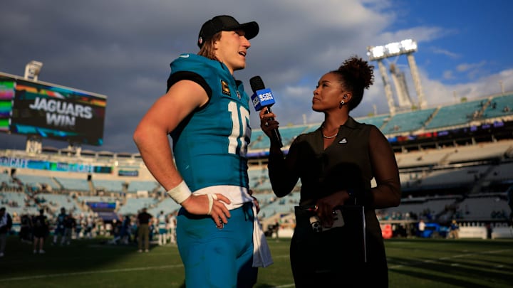 Jacksonville Jaguars quarterback Trevor Lawrence (16) is interviewed by CBS Sports’ Tiffany Blackmon after the game of an NFL football matchup at EverBank Stadium, Sunday, Dec. 14, 2025, in Jacksonville, Fla. The Jaguars defeated the Jets 48-20. [Corey Perrine/Florida Times-Union]