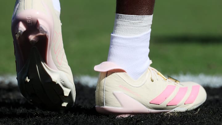 Jacksonville Jaguars wide receiver Travis Hunter wears gator-inspired adidas football cleats. Jacksonville Jaguars wide receiver Travis Hunter wears gator-inspired adidas football cleats.