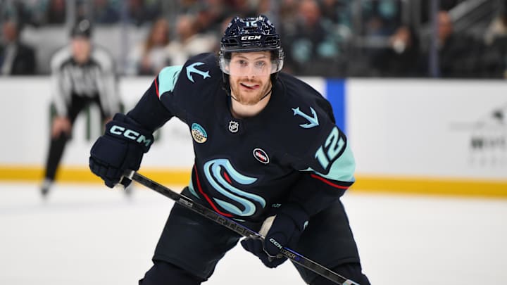 Apr 12, 2025; Seattle, Washington, USA; Seattle Kraken left wing Tye Kartye (12) during the second period against the St. Louis Blues at Climate Pledge Arena. Mandatory Credit: Steven Bisig-Imagn Images