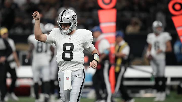Sep 27, 2026; New Orleans, Louisiana, USA; Las Vegas Raiders quarterback Kirk Cousins (8) looks on in the first quarter against the New Orleans Saints at Caesars Superdome. Mandatory Credit: Matthew Hinton-Imagn Images Sep 27, 2026; New Orleans, Louisiana, USA; Las Vegas Raiders quarterback Kirk Cousins (8) looks on in the first quarter against the New Orleans Saints at Caesars Superdome. Mandatory Credit: Matthew Hinton-Imagn Images